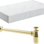 Sculpt 800mm Wall Hung White Marble Basin Shelf & Brushed Brass Bottle Trap