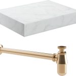 Sculpt 600mm Wall Hung White Marble Basin Shelf & Brushed Bronze Bottle Trap